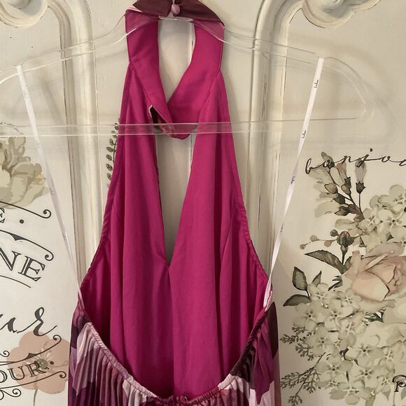 Lulus Prime Poise Dress Women's M Pink Maxi Multi Abstract Satin Halter NWT - Picture 9 of 11